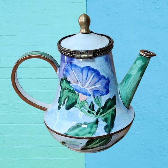2004 Kelvin Chen Enameled Miniature Floral Blue Iris Teapot COA Artist Signed - Picture 2 of 11
